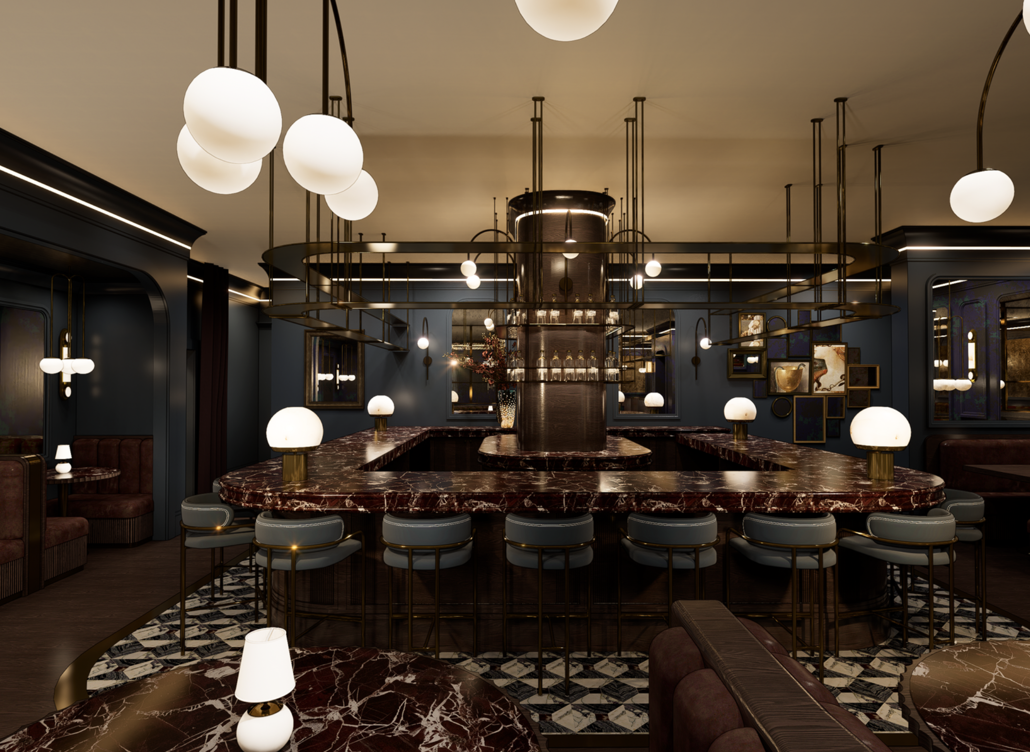 Empty modern bar with black marble countertop, bar stools, and shelves with bottles behind the bar. Modern lighting fixtures hang from the ceiling.