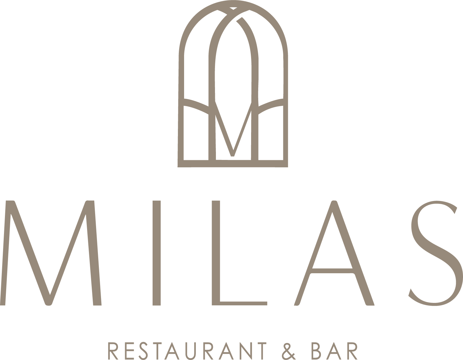 Logo for MILEAS Restaurant & Bar, featuring an abstract arch with the initials M inside, and the text 'MILEAS RESTAURANT & BAR' below.