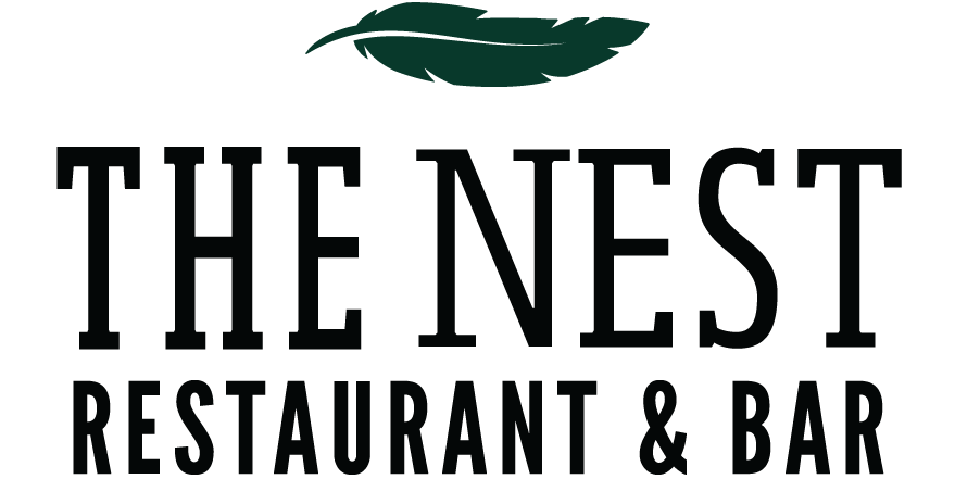 Logo for 'The Nest Restaurant & Bar' featuring a green feather above the text.