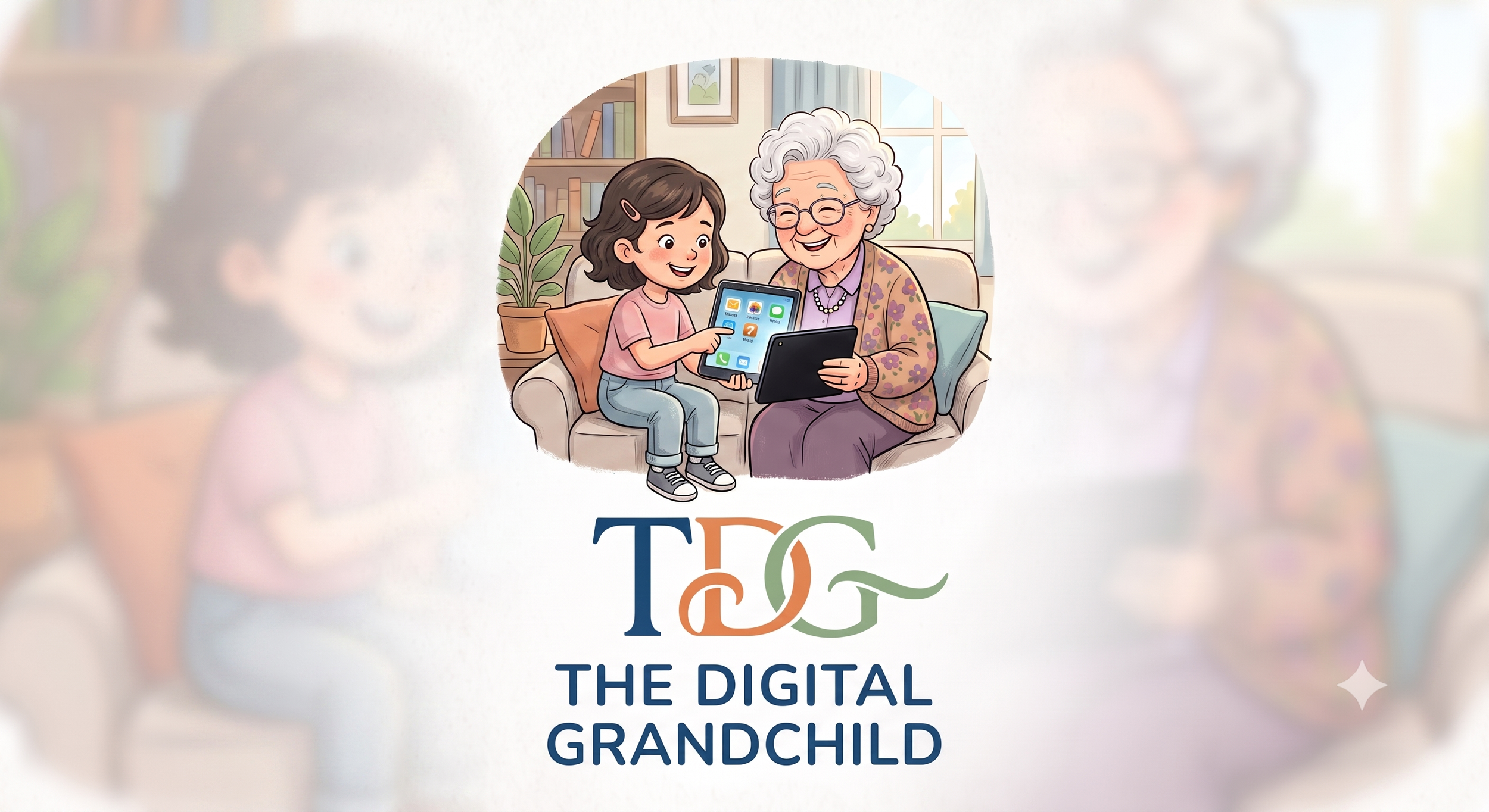 Illustration of a young girl and an elderly woman sitting on a sofa, both smiling and looking at a tablet device, in a cozy living room setting.