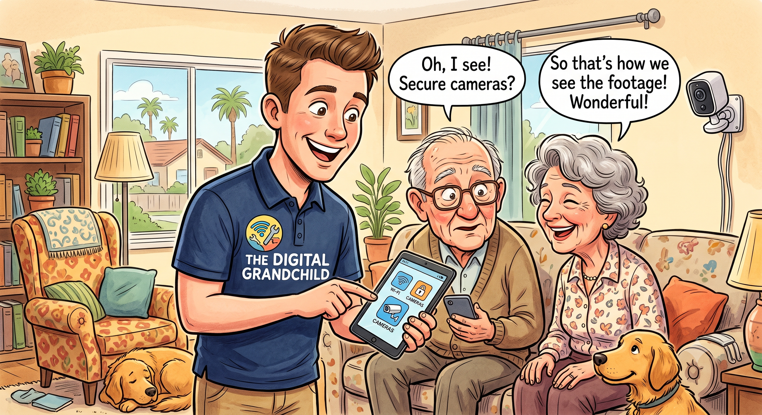 An illustration of a young man showing a tablet to an elderly couple in a cozy living room. The young man wears a shirt that says "The Digital Grandchild" and points to icons on the tablet, which include Wi-Fi, lock, cameras, and video camera. The elderly woman looks happy, and the elderly man looks surprised. A golden retriever is sleeping on the floor, and there are bookshelves, a window with a view of trees and palm trees, and a lamp and plants in the background.