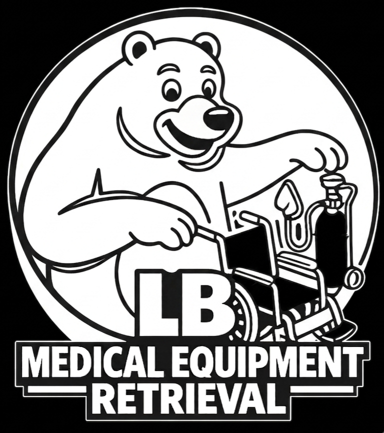A cartoon bear character with a big smile, pushing a wheelchair filled with medical equipment, including a defibrillator and oxygen tank, under the text 'LB Medical Equipment Retrieval'.
