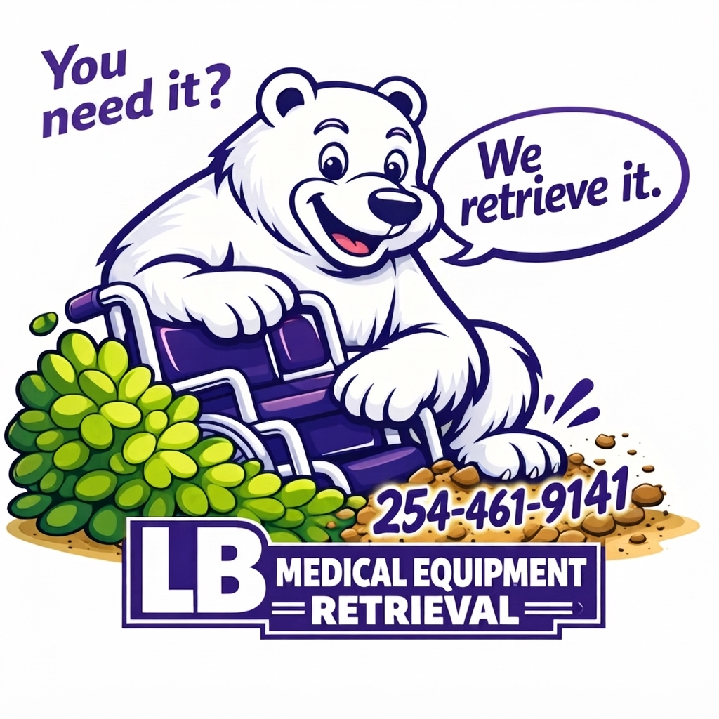 A cartoon bear with a friendly face sitting next to a purple wheelchair. The bear has a speech bubble that says, "We retrieve it." and another that says, "You need it?" The image includes the text "LB Medical Equipment Retrieval" with a phone number, and green bushes are depicted on the ground.