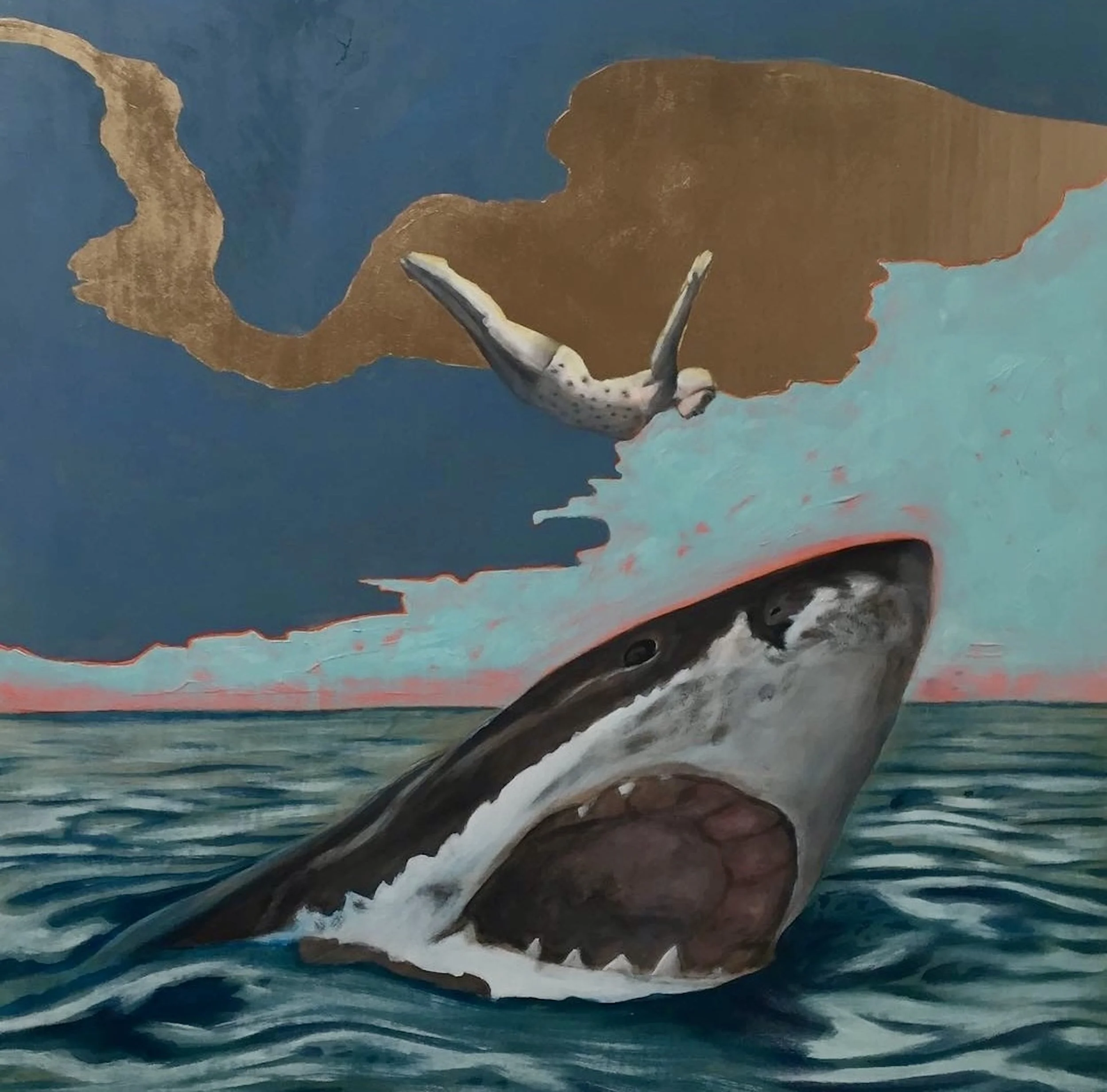 A mermaid with a tail and long hair jumping out of the water near a coastline with dunes and vegetation under a blue sky.