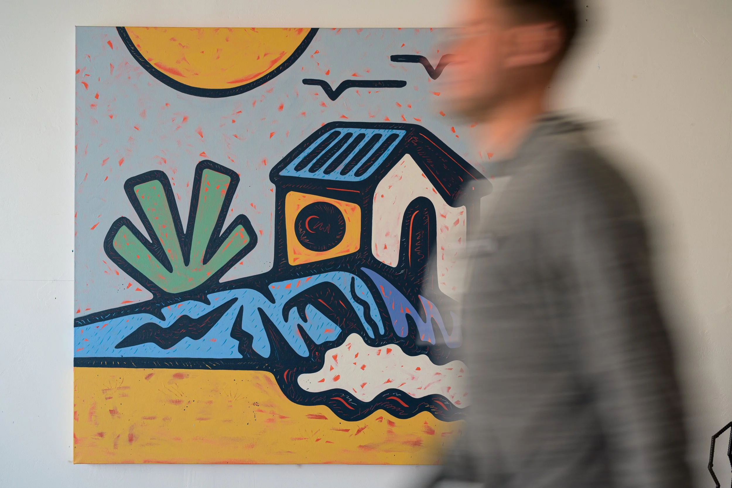 Abstract colorful artwork featuring a sun, seagulls, a lighthouse, a plant, a house, and a river with a red and blue color scheme and a yellow bottom section.
