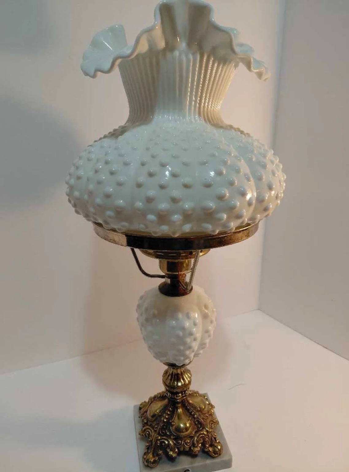 Vintage Fenton White Hobnail Milk Glass Hurricane Lamp – Marble Base – Complete & Original