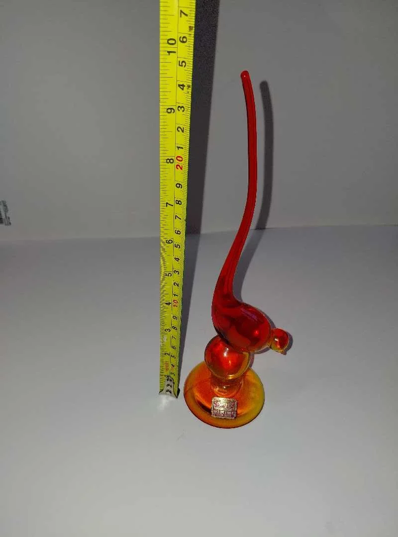 Viking Glass Epic #1311 Long Tail Bird - Persimmon / Amberina - w/ Original Foil Label - 10.5" MCM