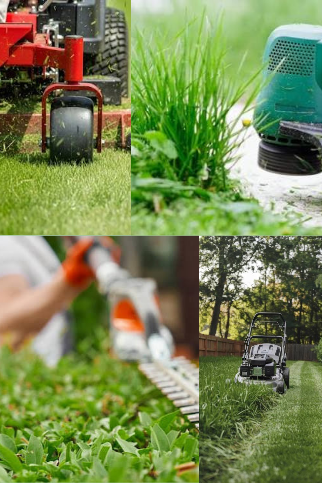 Various gardening equipment and tools: a lawnmower, a hedge trimmer, a gas blower, a string trimmer, and a garden rake, among grass and trees.