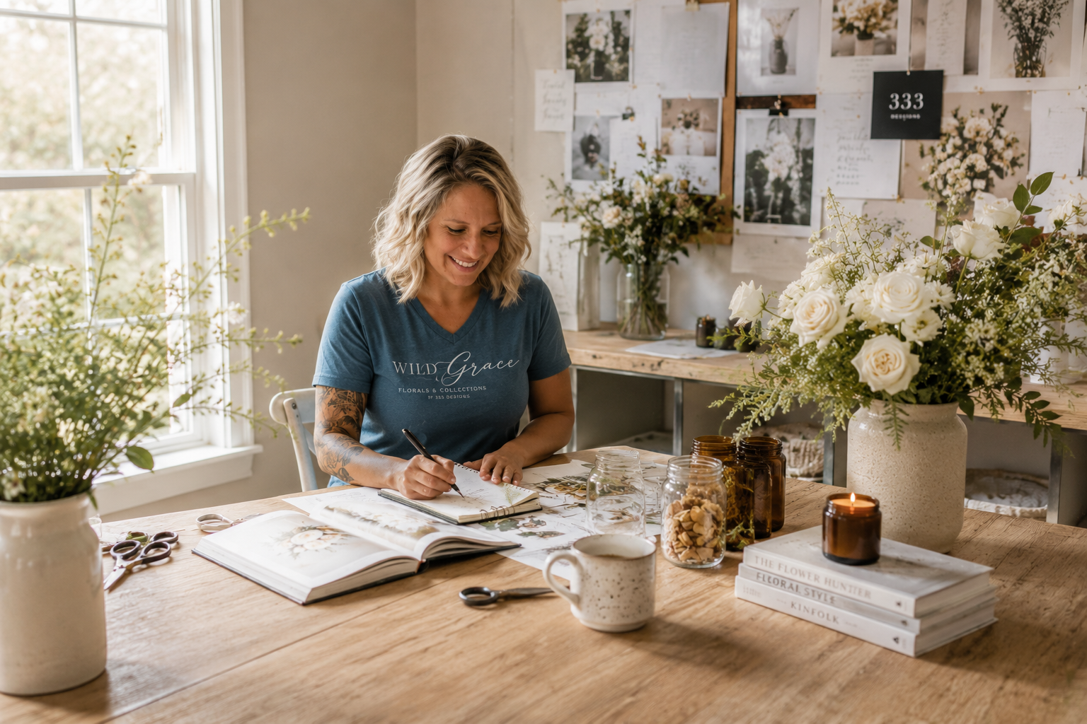 Woman smiling at a table filled with flower arranging books, jars, and flowers in a bright, cozy floral shop.