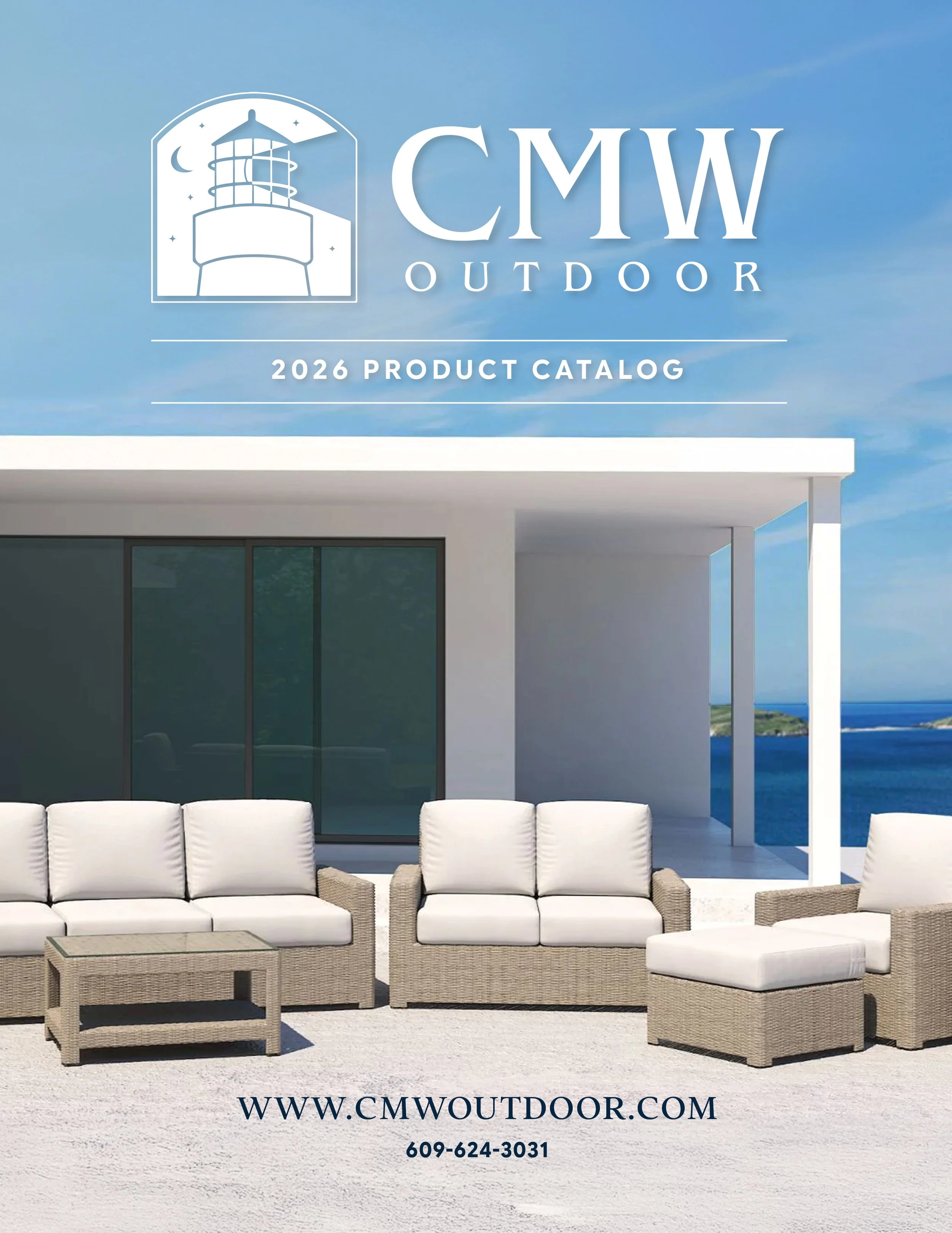 Outdoor furniture set with white cushioned seats, wicker tables, and a view of the ocean in the background, under a modern white pergola.