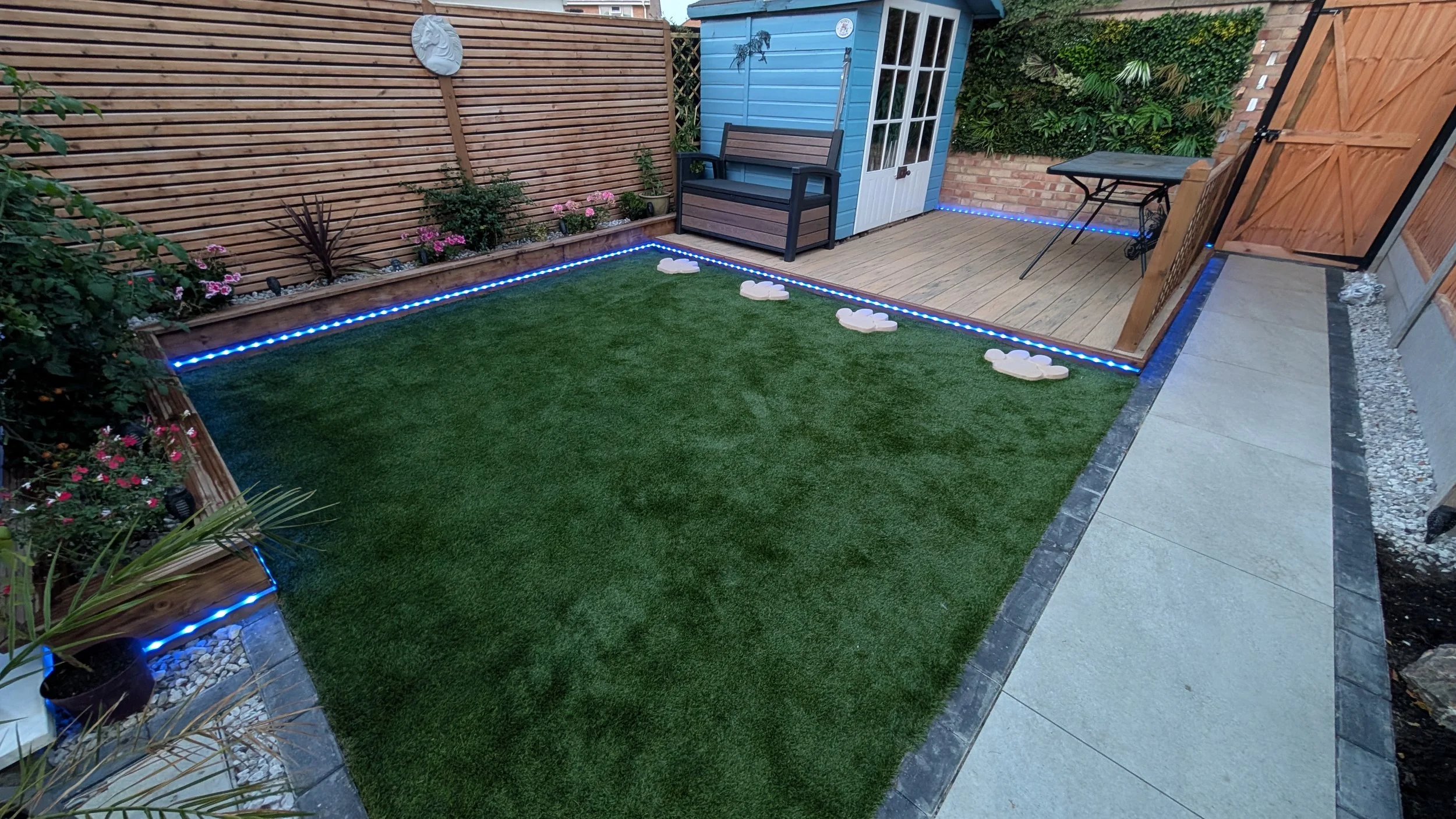 Artificial Grass, LED Lighting, Composite Decking & Porcelain tiles.