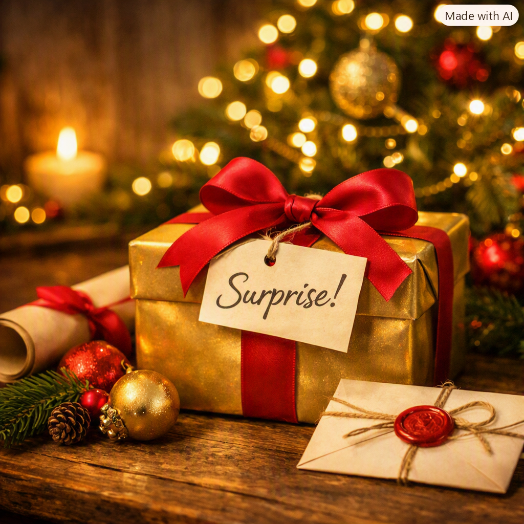 A Christmas scene with a wrapped gift box labeled 'Surprise!' tied with a red ribbon, surrounded by ornaments, pine branches, a rolled scroll, and a Christmas tree in the background