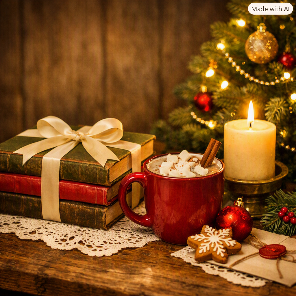 A Christmas scene with a wrapped gift, a red mug of hot chocolate topped with marshmallows and a cinnamon stick, a lit candle, a decorated Christmas tree, and holiday ornaments and cookies on a wooden table.