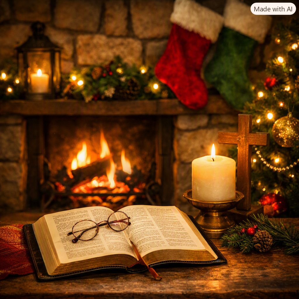A cozy Christmas scene featuring an open Bible with reading glasses on top, a large lit candle, a wooden cross, and a decorated Christmas tree with gold ornaments, all set in front of a stone fireplace with stockings hanging above.