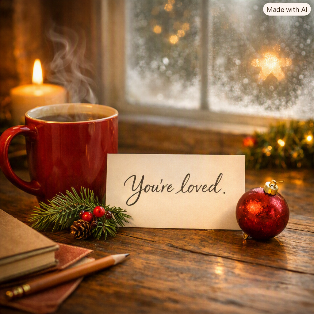 A cozy holiday scene with a steaming cup of coffee or tea in a red mug, a lit candle, a festive ornament, a small sprig of pine with berries and pinecone, a handwritten note saying "You're loved," and blurred Christmas lights outside a window.