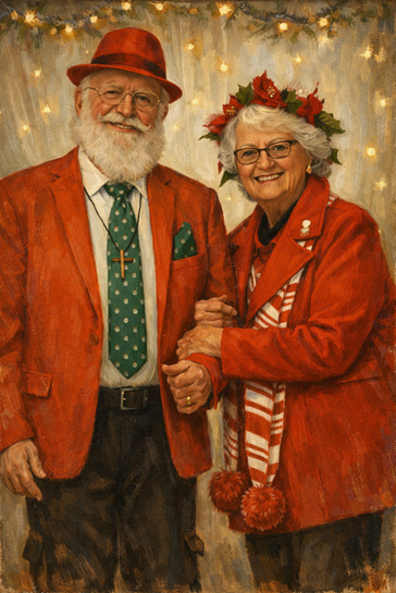 An elderly man and woman are dressed in festive red clothing, smiling, and holding hands. The man wears a red hat, glasses, a red blazer, and a green tie with white dots. The woman has a red flower crown, glasses, and a red coat with a striped scarf. The background features holiday lights and decorations.