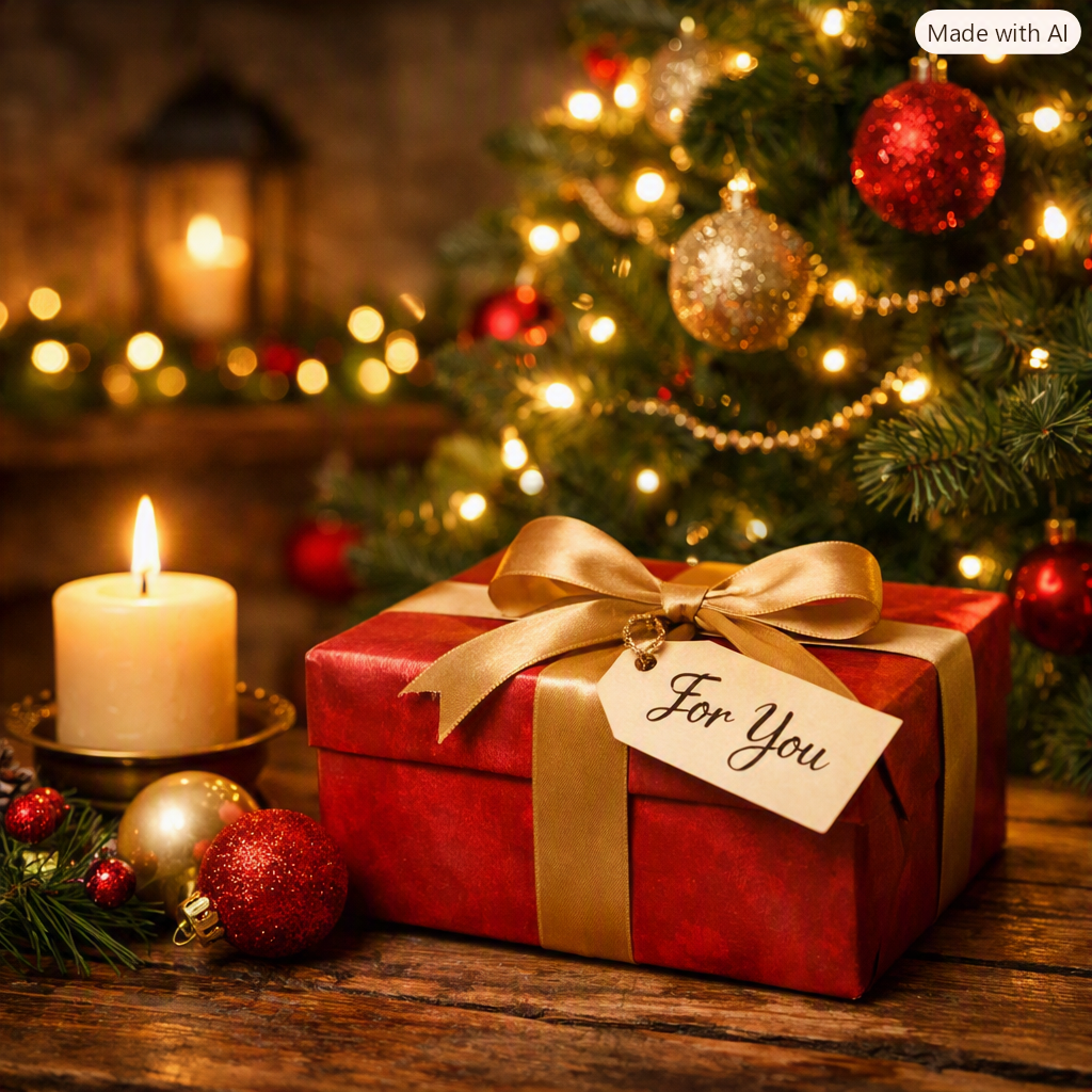 A Christmas scene featuring a wrapped gift with a gold ribbon and a 'For You' tag, surrounded by ornaments, a lit candle, and a decorated Christmas tree in the background.