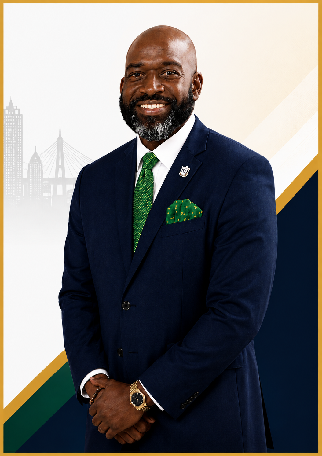 A man in a navy blue suit with a green tie and pocket square, standing against a background with images of a city skyline and a bridge.