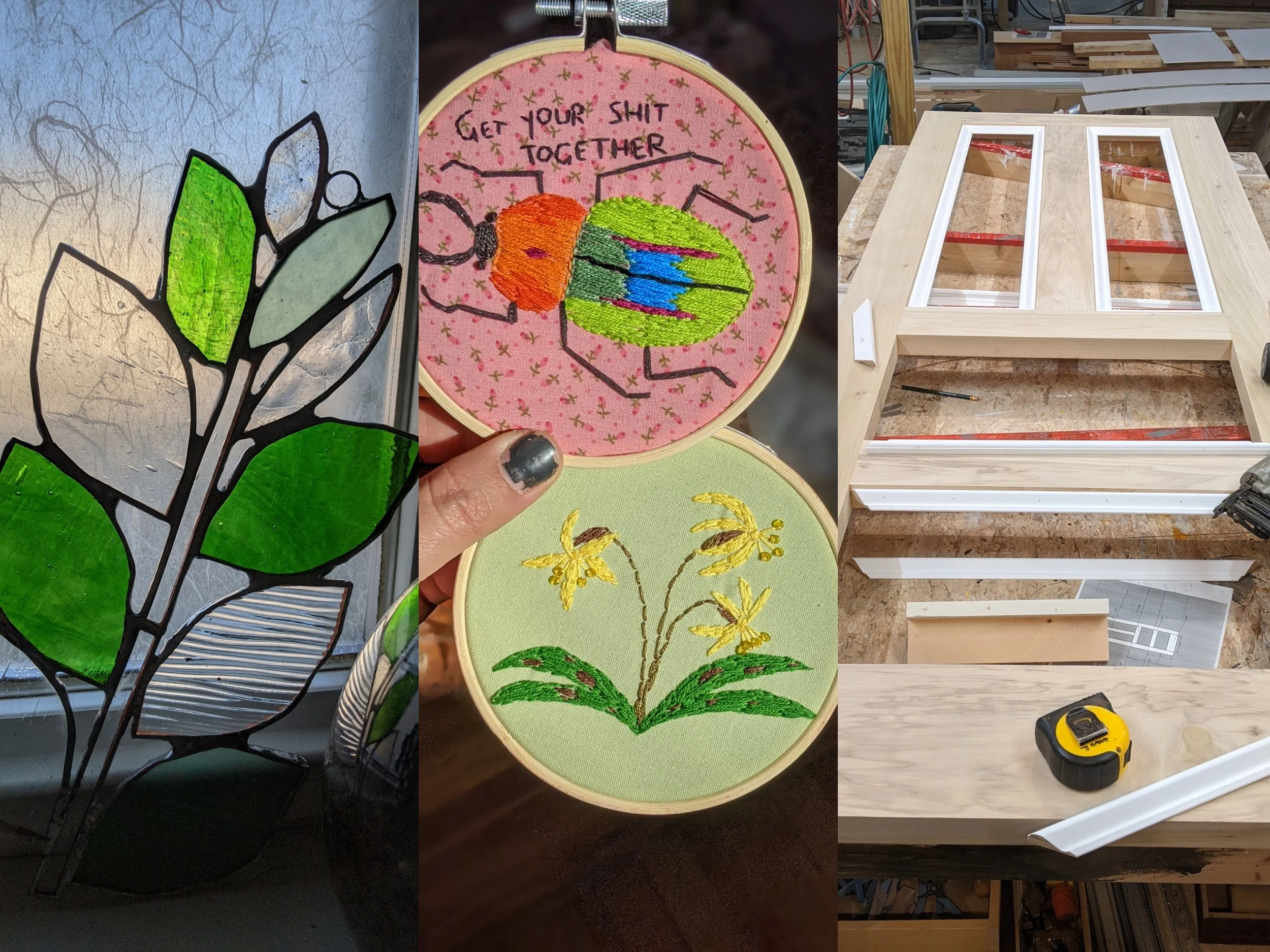 stained glass, embroidery, door repair