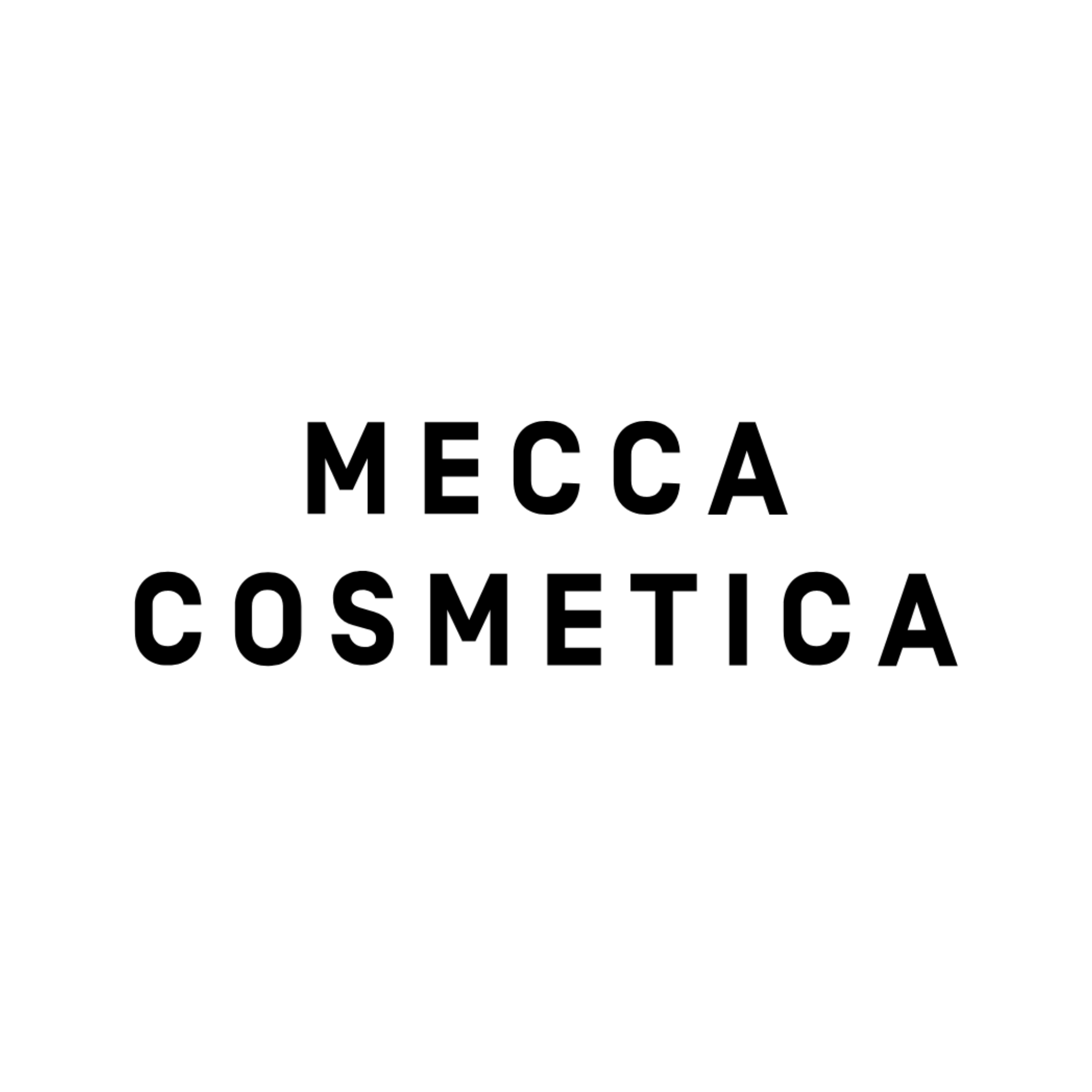 A clothing tag featuring the words 'MECCA COSMETICA' in bold black letters on a white background.