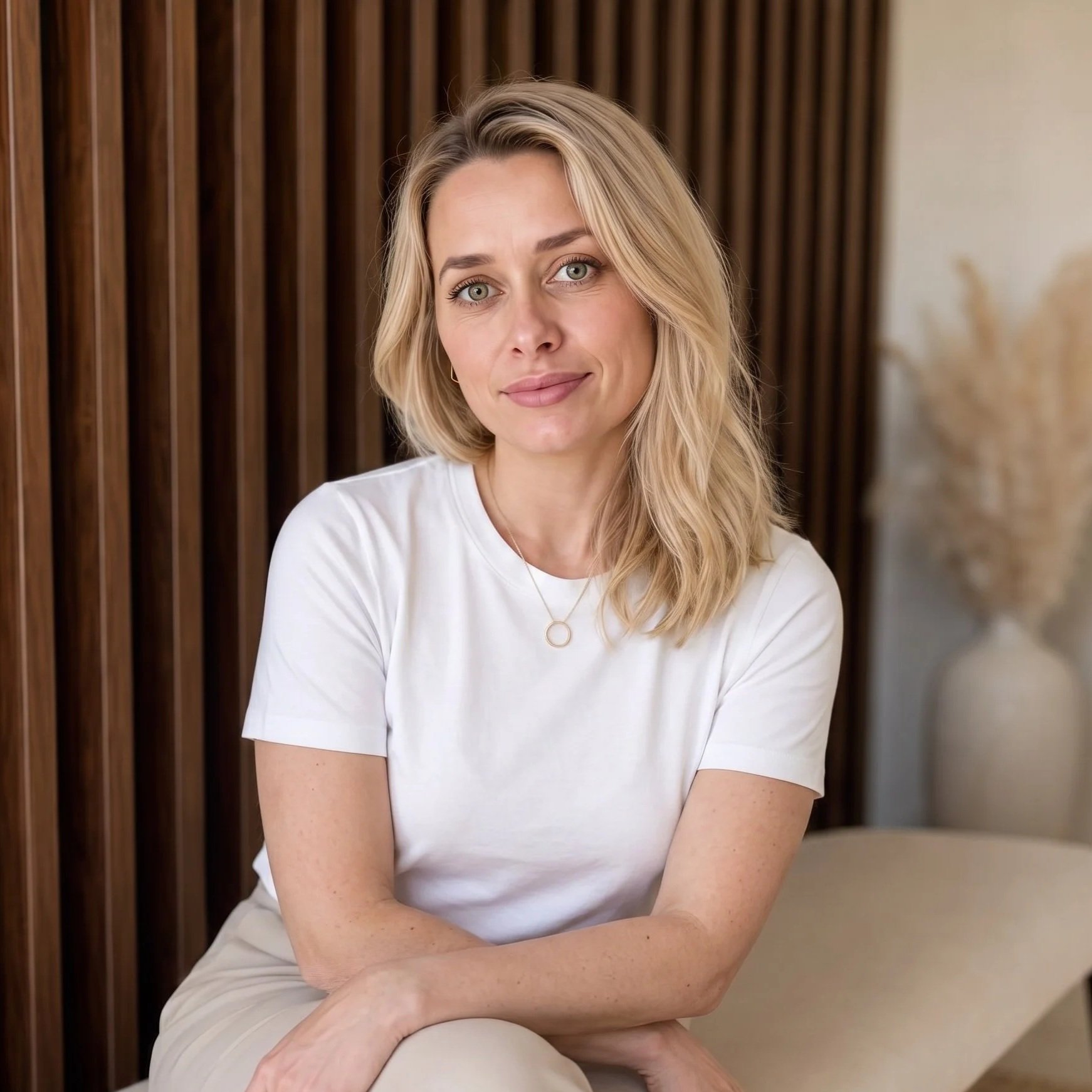 A woman with blonde hair and green eyes sitting indoors against a wooden slatted wall, wearing a white T-shirt, smiling softly at the camera.