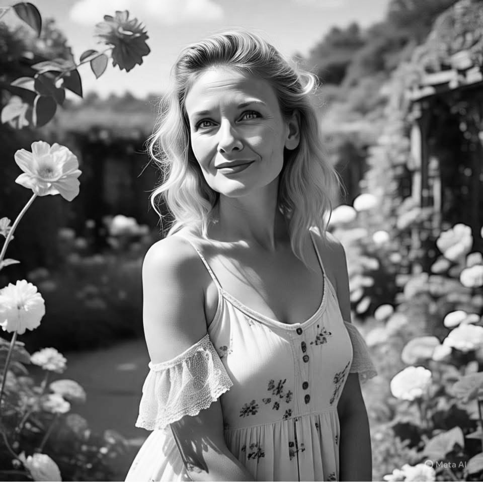 A woman standing outdoors among flowers with a stream in the background, in black and white.