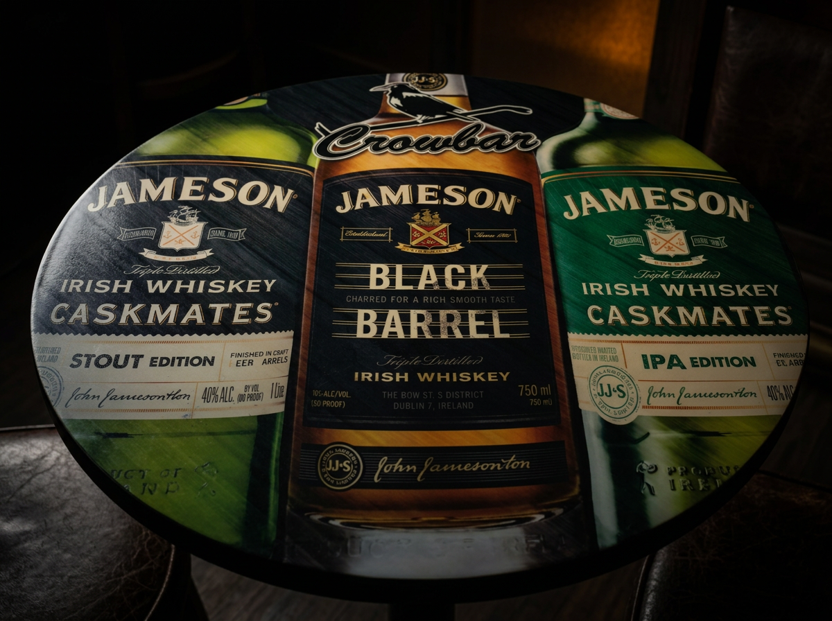 A round table featuring three different bottles of Jameson Irish whiskey, including Caskmates Irish Whiskey (Stout and IPA editions) and Black Barrel.
