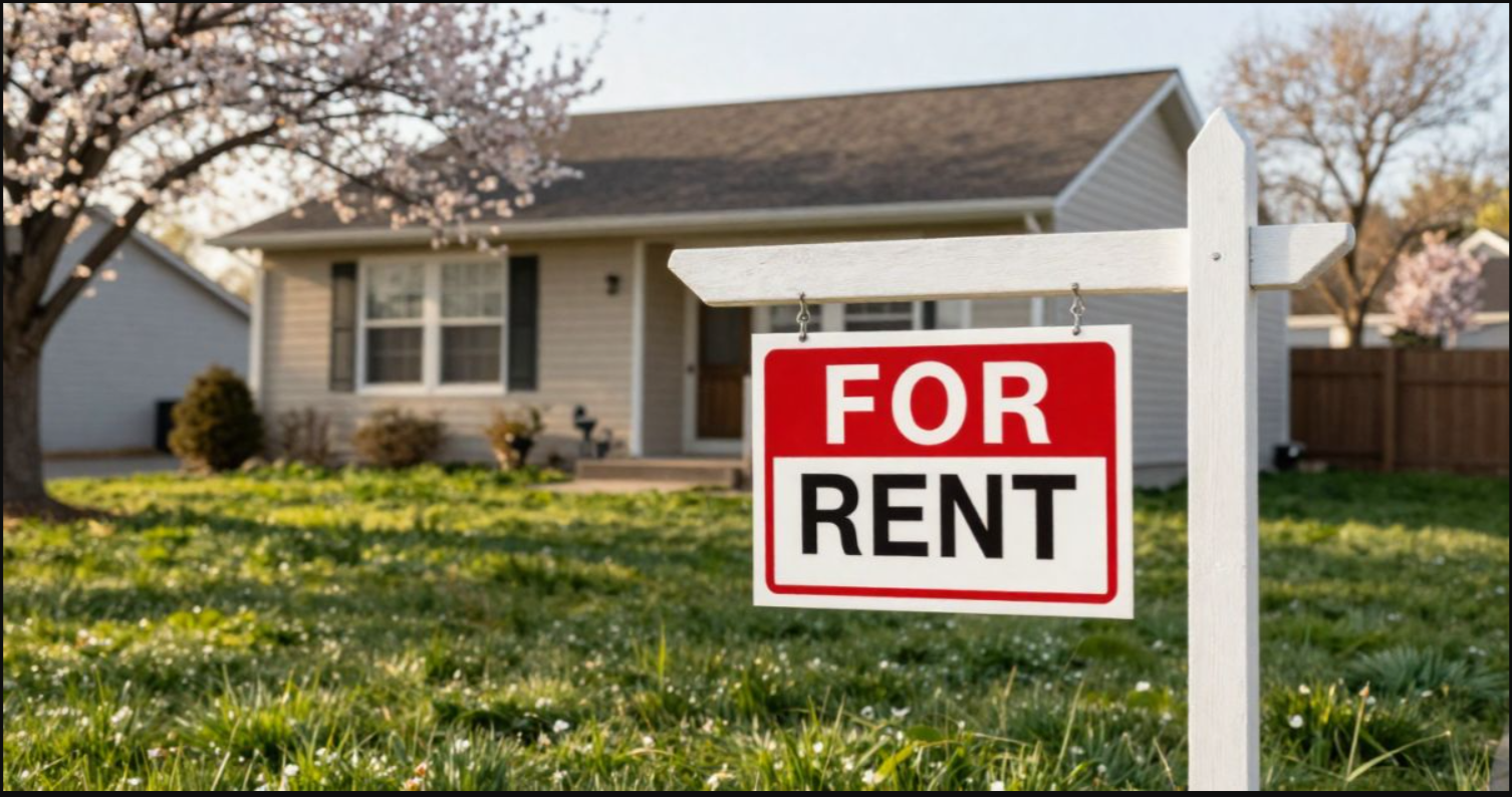 A house with a lawn and a "For Rent" sign in the front yard.