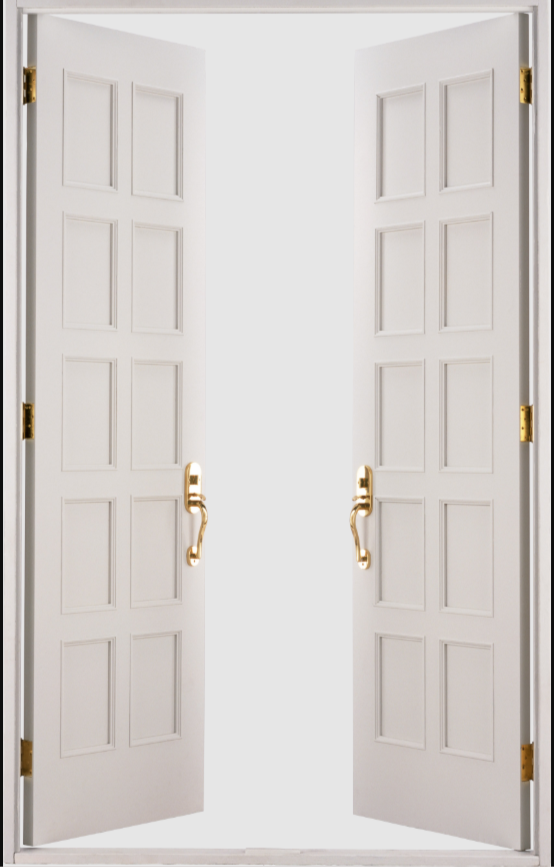 Open white double doors with gold handles leading to a bright, white space.