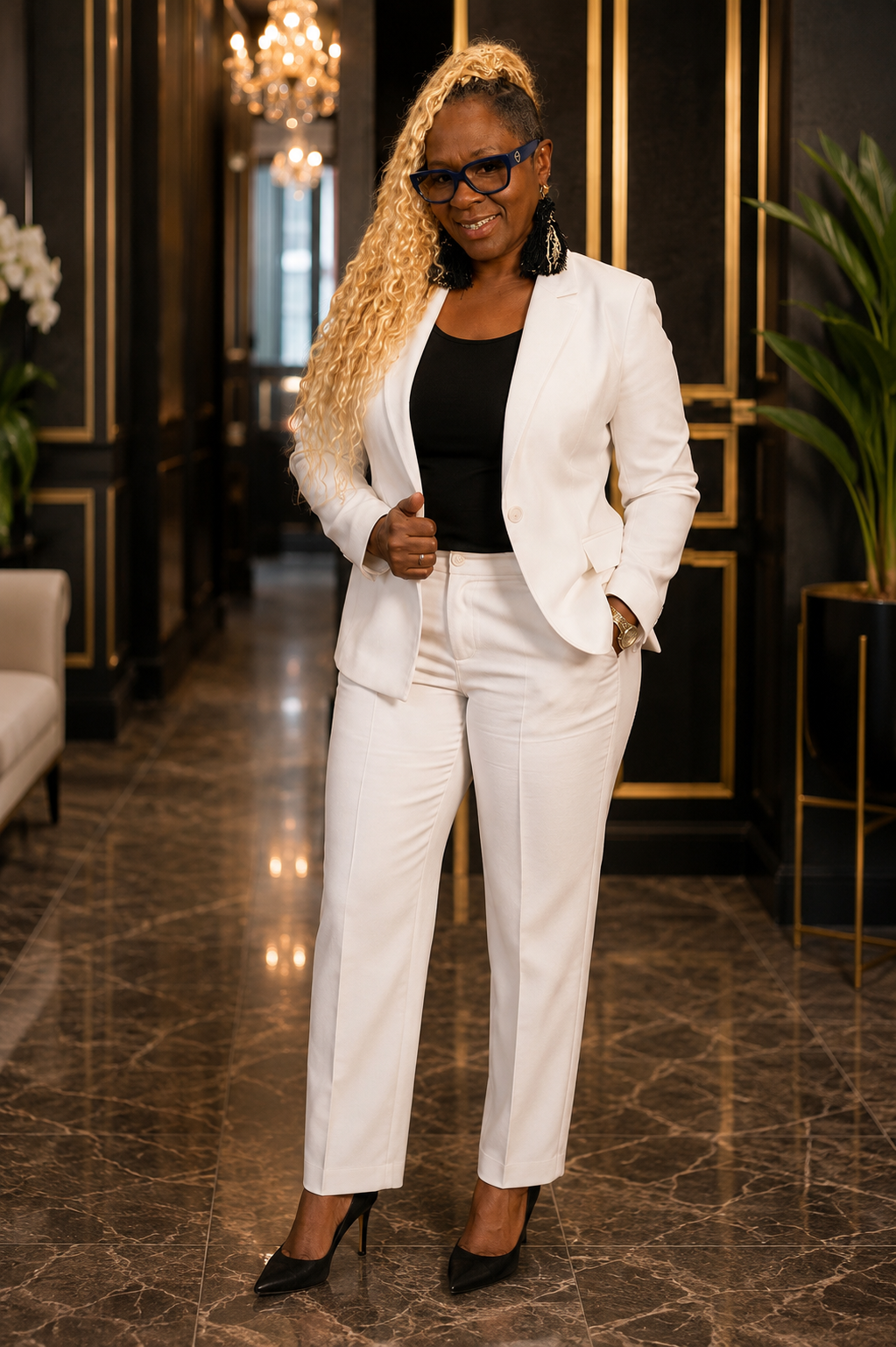 A woman with curly blonde hair and glasses in a white suit, standing in an elegant, well-lit room with marble flooring, black and gold wall decor, and potted plants.