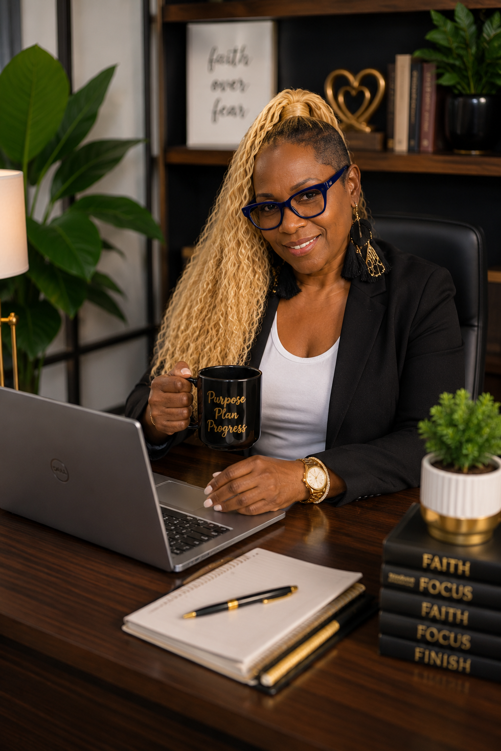 A woman with blonde curly hair, wearing glasses, a black blazer, and large earrings, sits at a desk holding a black mug that says 'Purpose Plan Progress'. She is smiling and looking at the camera, with a laptop, notebook, pen, and a small potted plant on her desk. In the background, there are bookshelves with decorative items and a framed quote that says 'faith over fear'.
