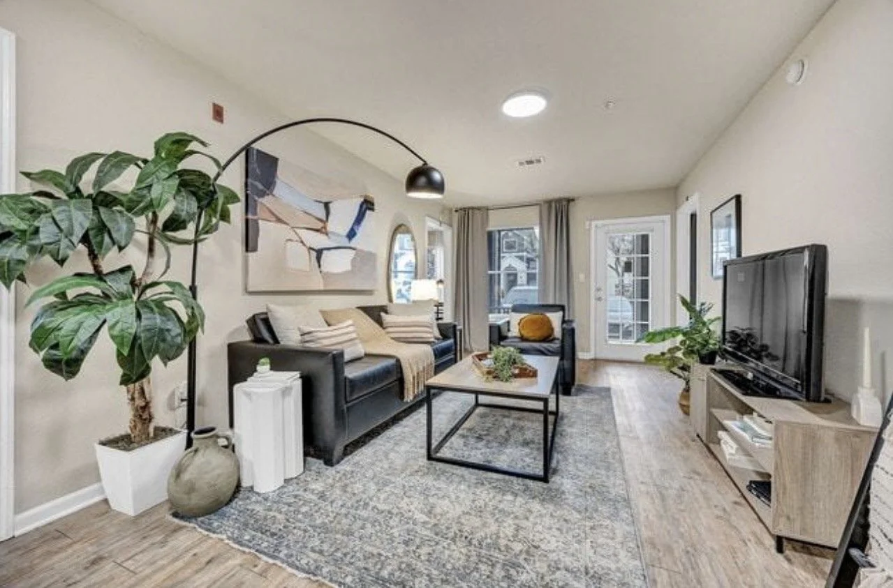 Living room with black leather sofa, armchair, coffee table, TV on a wooden stand, large plant, artwork, and patio door with curtains.