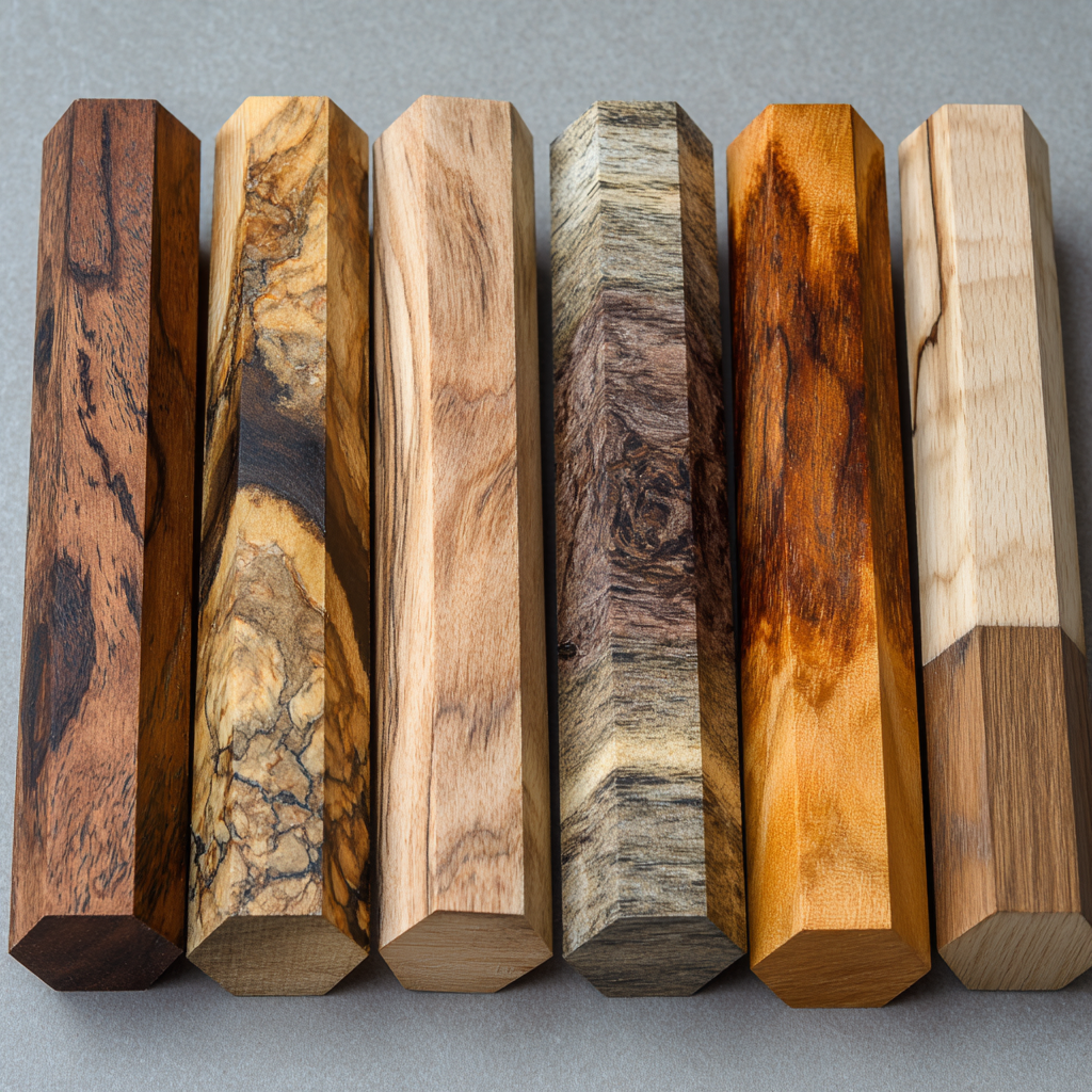 Six wooden blocks with different wood grain patterns placed on a gray surface.