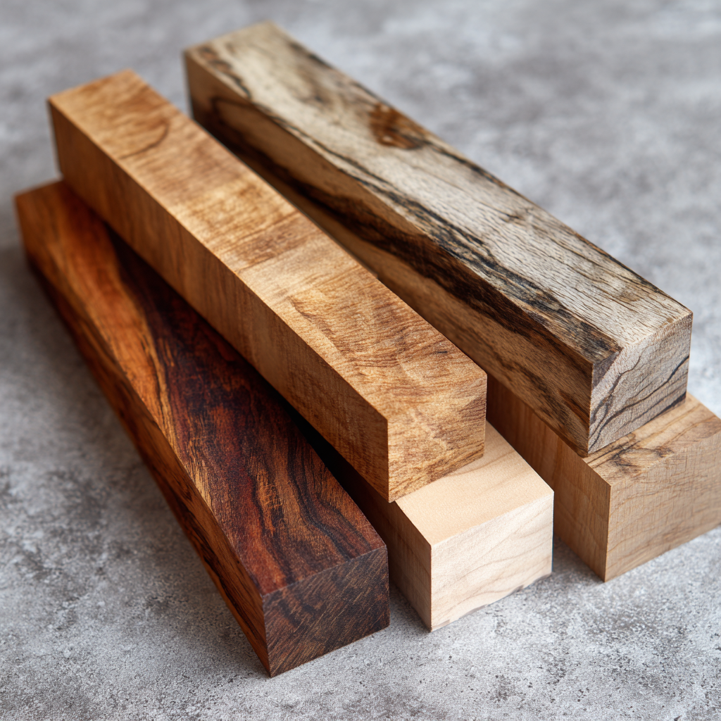 Five different types of wood blocks stacked on a gray surface.