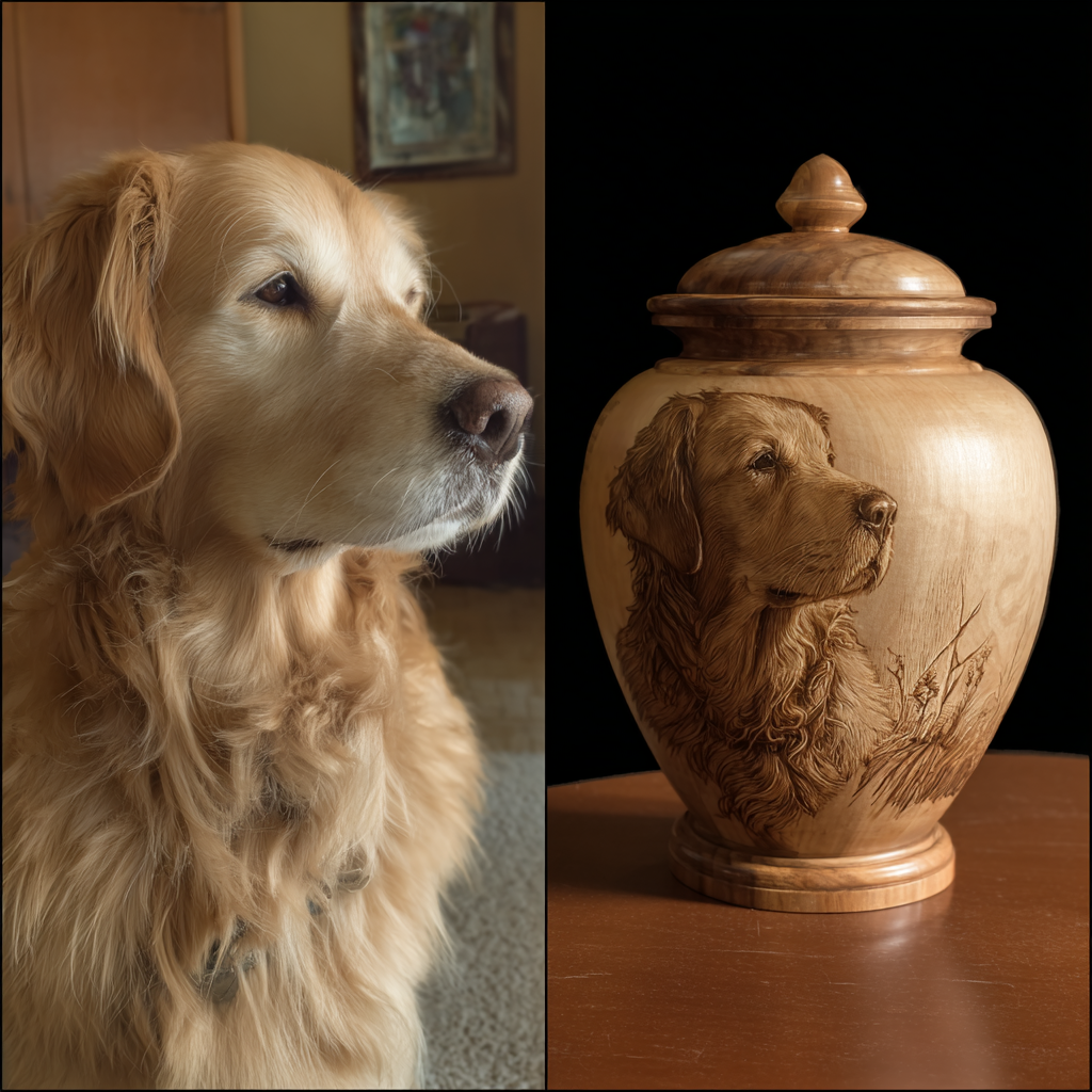 A side profile of a golden retriever dog indoors and a wooden urn with a carved dog portrait on it against a black background.