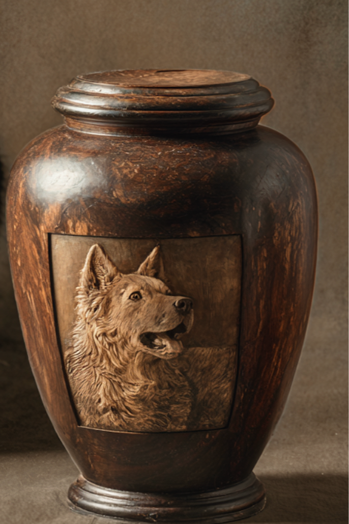 A large wooden urn with an engraved portrait of a German Shepherd dog on its surface.