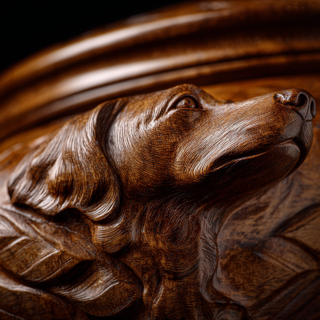Close-up view of a detailed wooden carving of a dog's head, showing intricate brush strokes and natural wood grain.