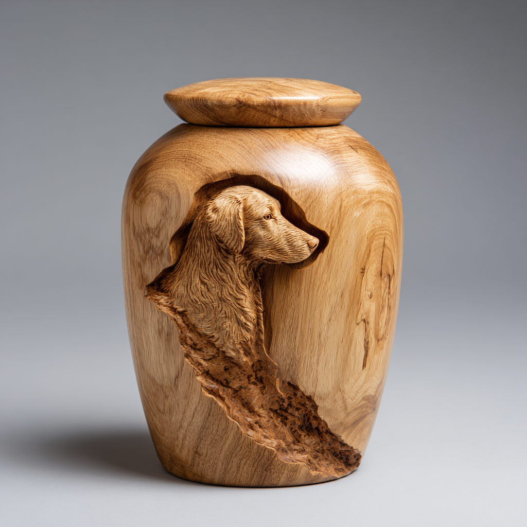 Wooden urn with carved dog profile and textured bark detail.