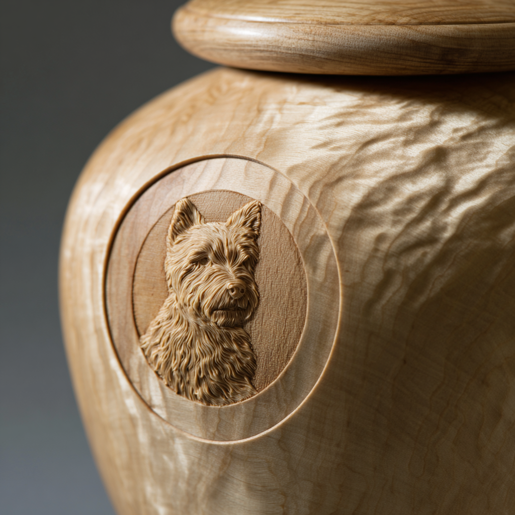 Close-up of a wooden sculpture or furniture piece with a carved image of a dog's head, likely a terrier, in a circular frame.