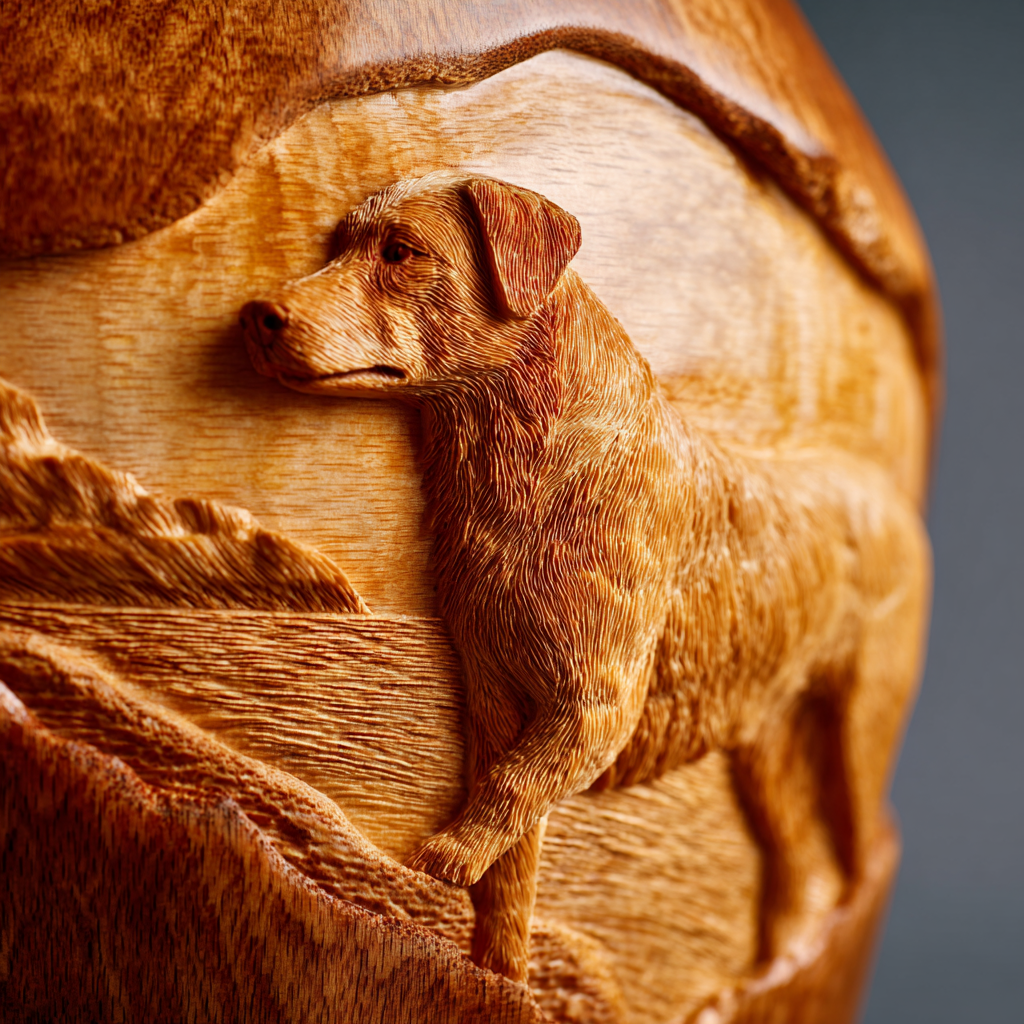 A detailed wooden sculpture of a dog, carved from light-colored wood.