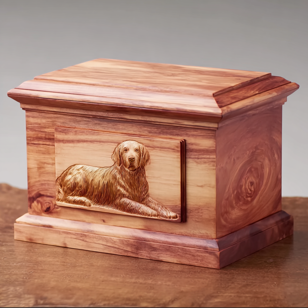 Wooden urn with a carved engraved image of a dog laying down.