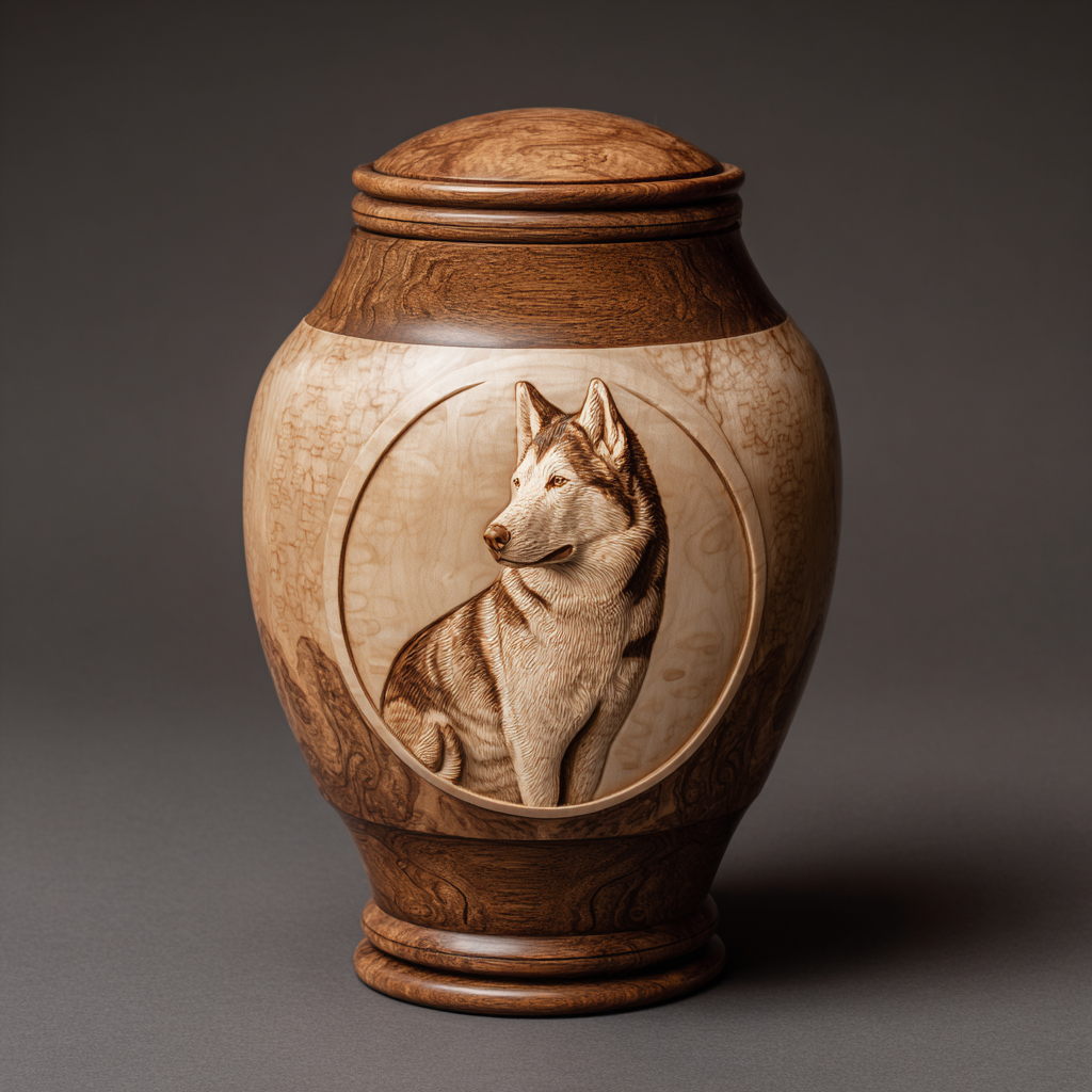 A decorative custom wooden urn with a carved husky portrait on the front.