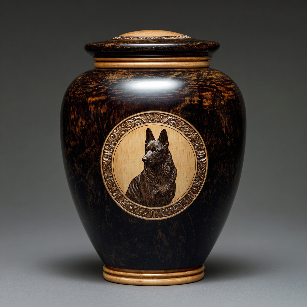 Decorative urn with a carved portrait of a German Shepherd dog on the front.