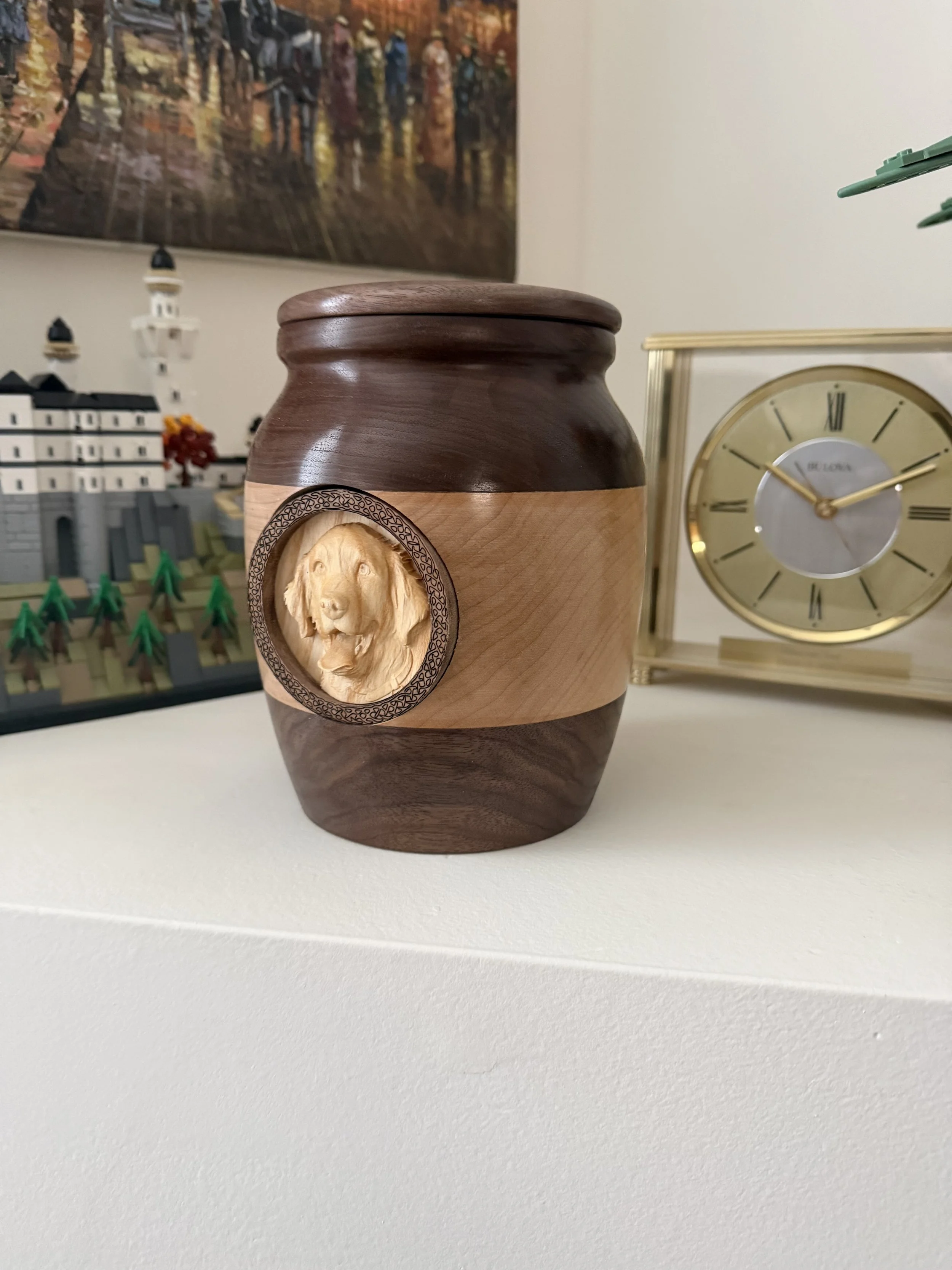 Custom Urn for Gretchen on the Mantle