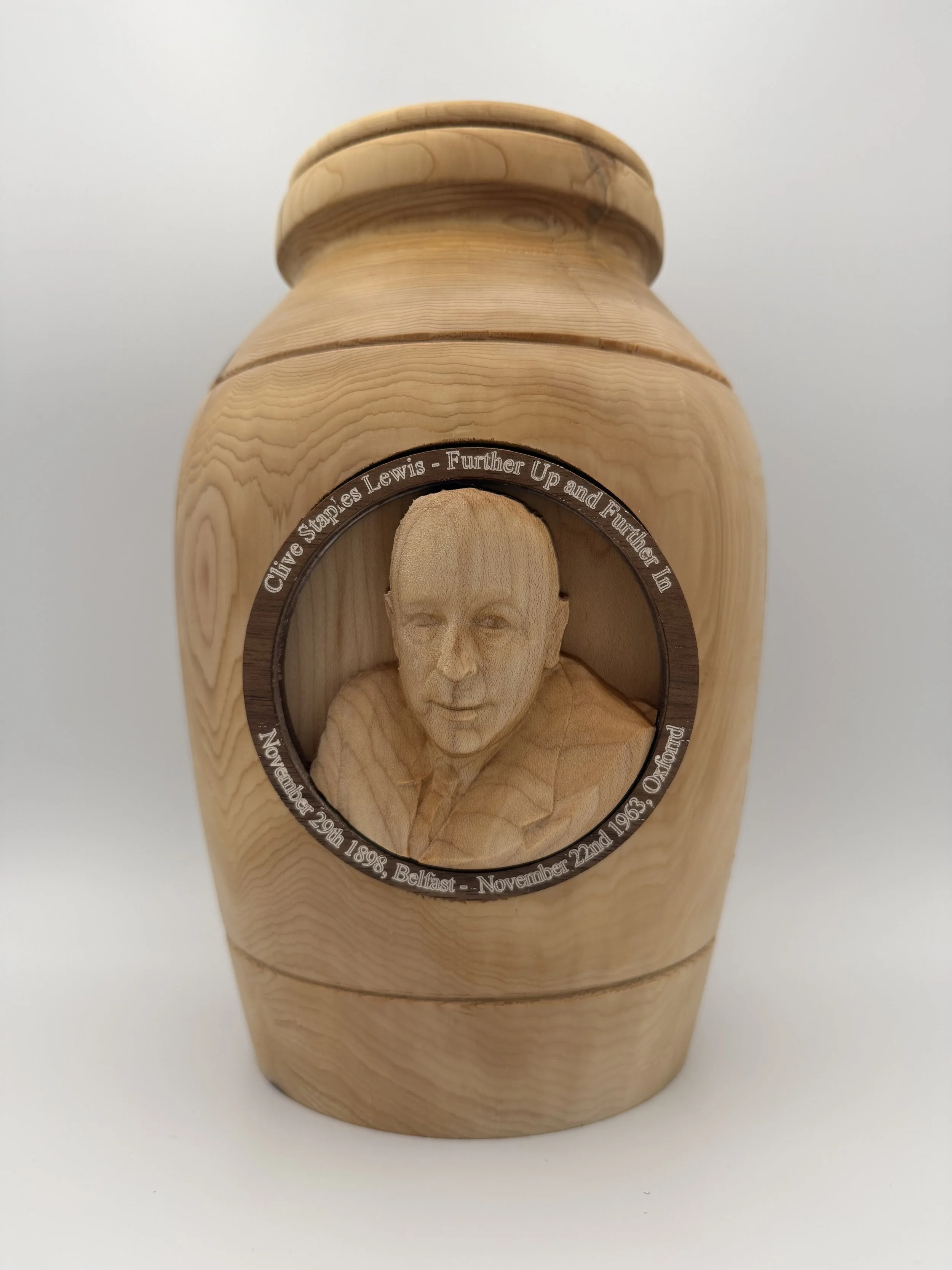 Custom Sculpture Urn from photo, solid wood with inlay