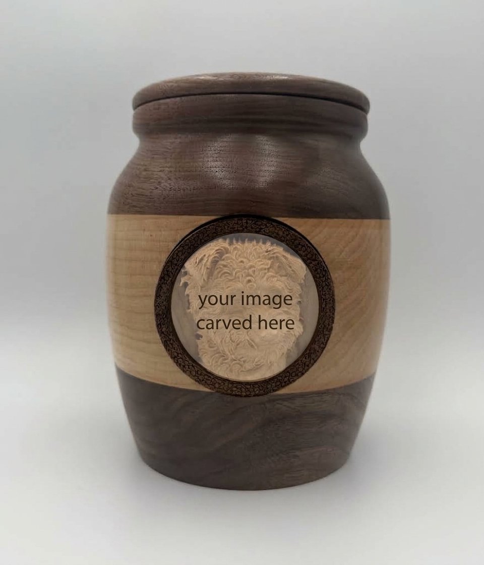 Hardwood Pet Urn with Relief Sculpture (Deposit 50%)