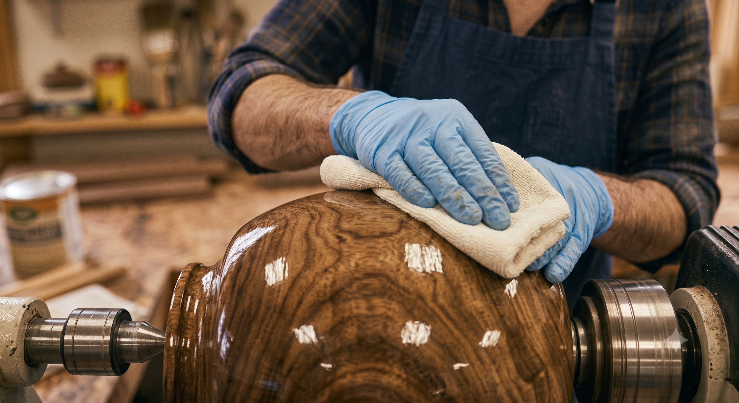 A person wearing a plaid shirt and blue gloves polishing a polished wooden barrel with a cloth in a woodworking workshop.