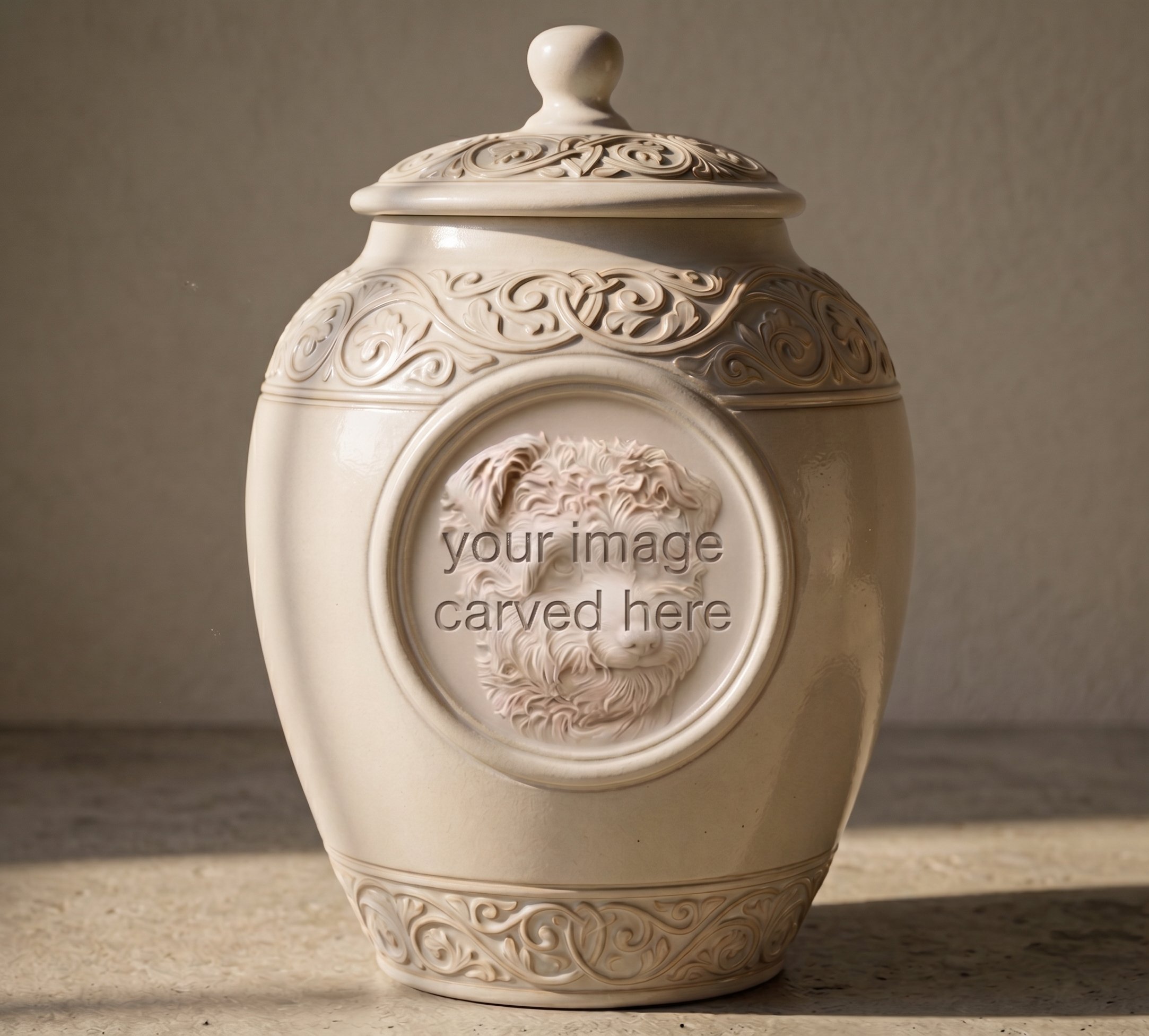 Ceramic Pet Urn with Relief Sculpture (50% Deposit)