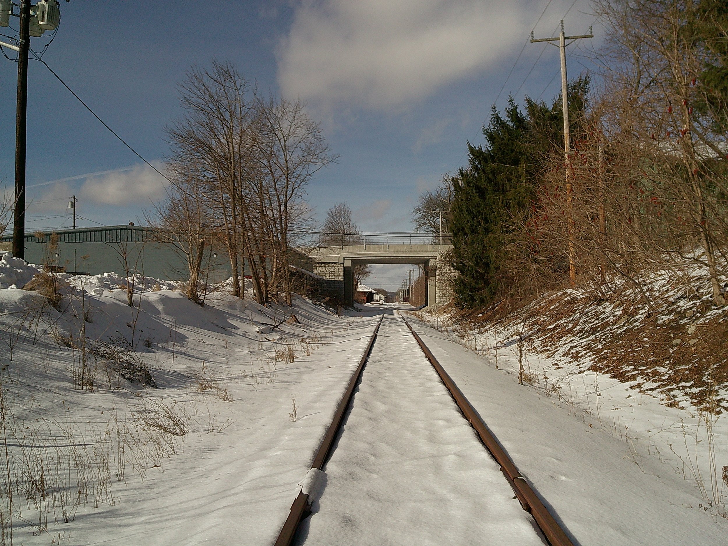 Snowy train tracks lead under a stone bridge with bare trees lining the sides of the track.