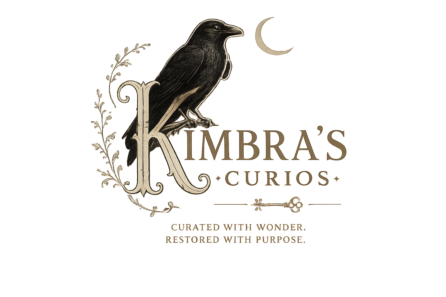A vintage-style logo with a detailed black and white illustration of a bird perched on an ornate letter 'K', with decorative flourishes and the text 'Kimbra's Curios' in elegant serif font, accompanied by the tagline 'Curated with wonder. Restored with purpose.'